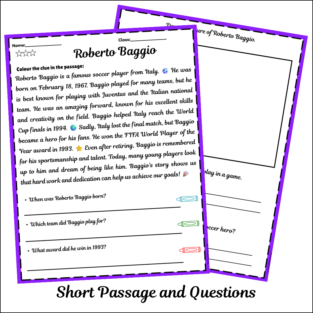 Roberto Baggio | Short Reading Comprehension Creative Worksheet