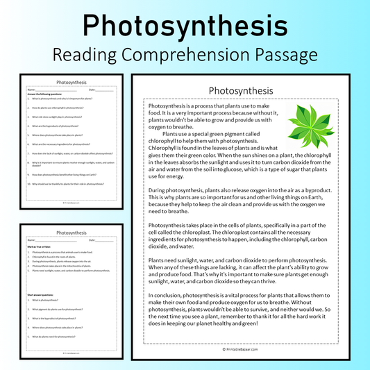 Photosynthesis | Reading Comprehension Passage Printable Worksheet