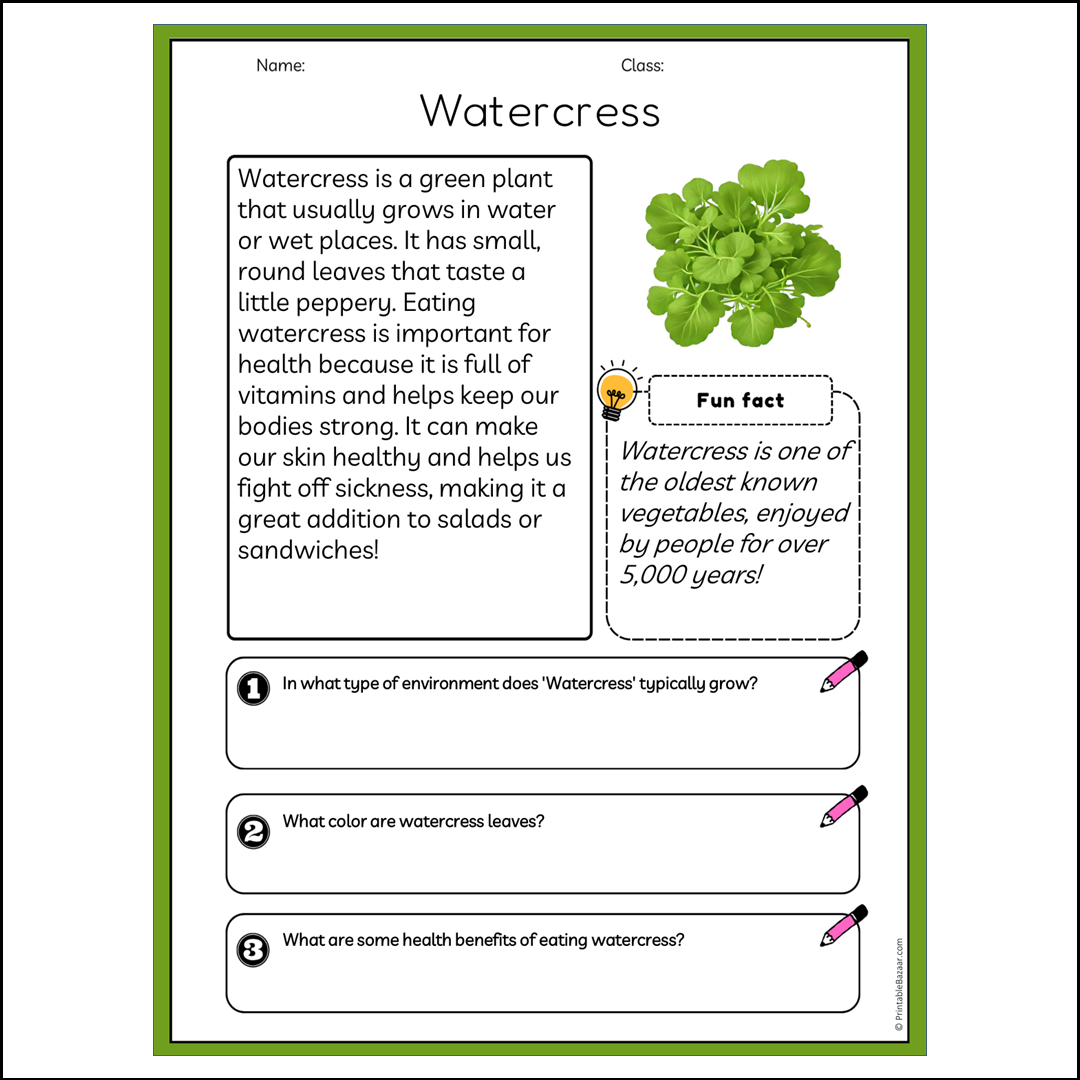 Watercress | Reading Passage Comprehension Questions Writing Facts Worksheet