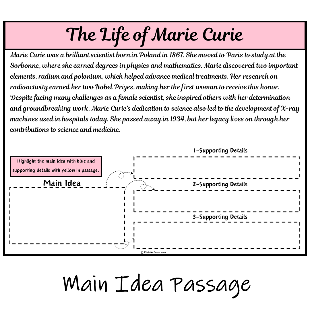 The Life of Marie Curie | Main Idea and Supporting Details Reading Passage and Questions