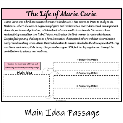 The Life of Marie Curie | Main Idea and Supporting Details Reading Passage and Questions