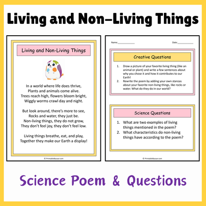 Living and Non-Living Things | Science Poem Reading Comprehension Activity