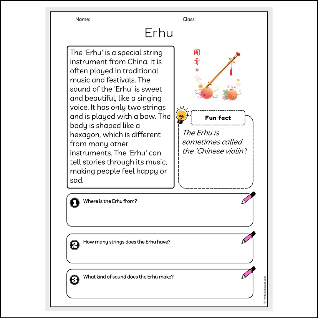 Erhu | Reading Passage Comprehension Questions Writing Facts Worksheet