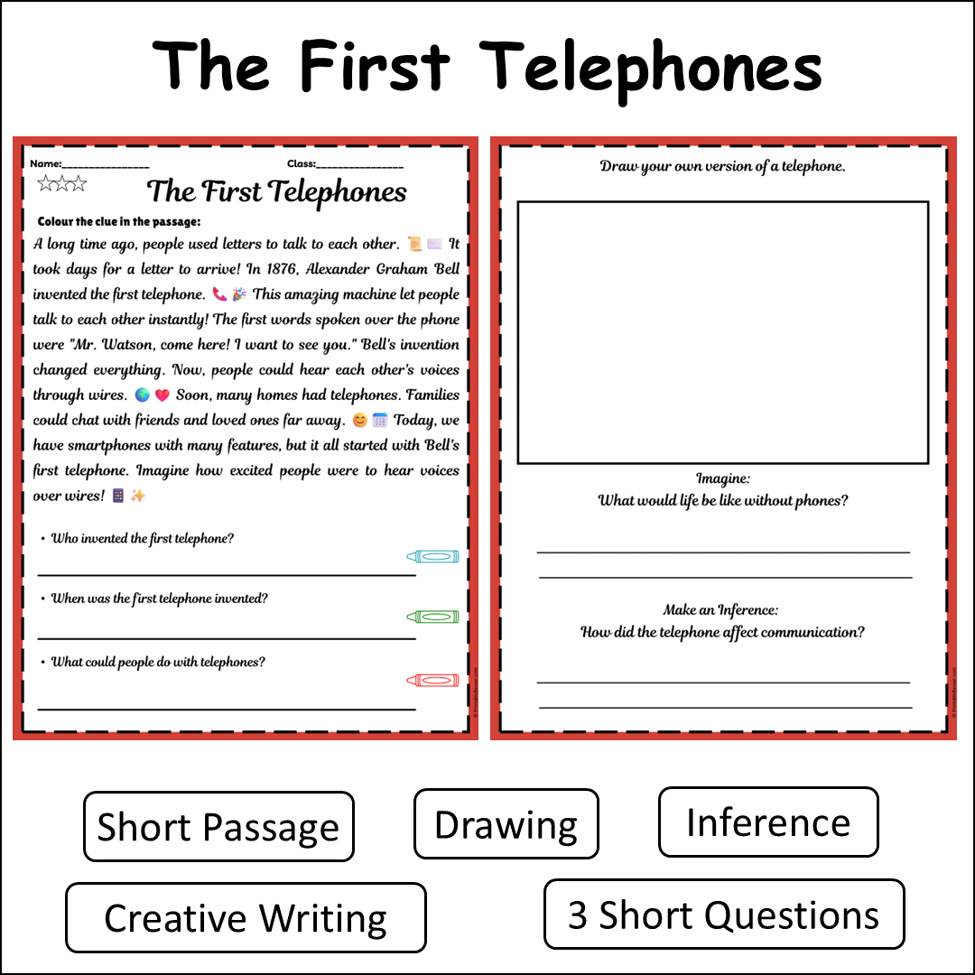 The First Telephones | Short Reading Comprehension Creative Worksheet