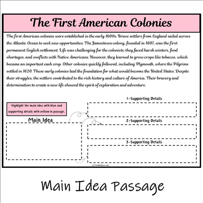 The First American Colonies | Main Idea and Supporting Details Reading Passage and Questions