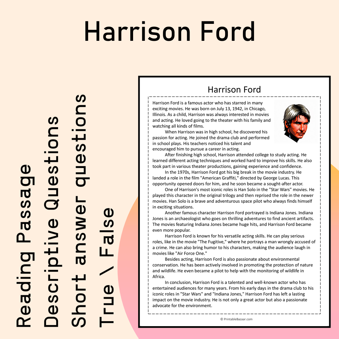 Harrison Ford | Reading Comprehension Passage Printable Activity