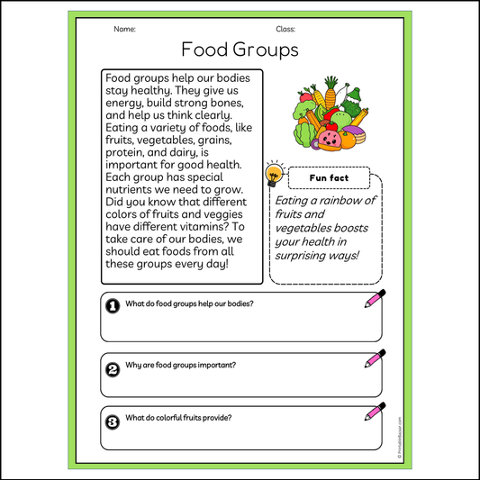 Food Groups | Reading Passage Comprehension Questions Writing Facts Worksheet