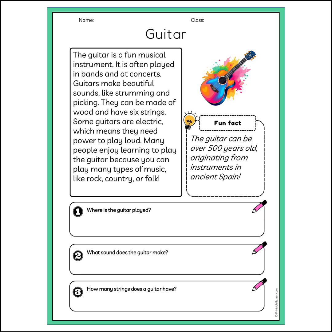 Guitar | Reading Passage Comprehension Questions Writing Facts Worksheet