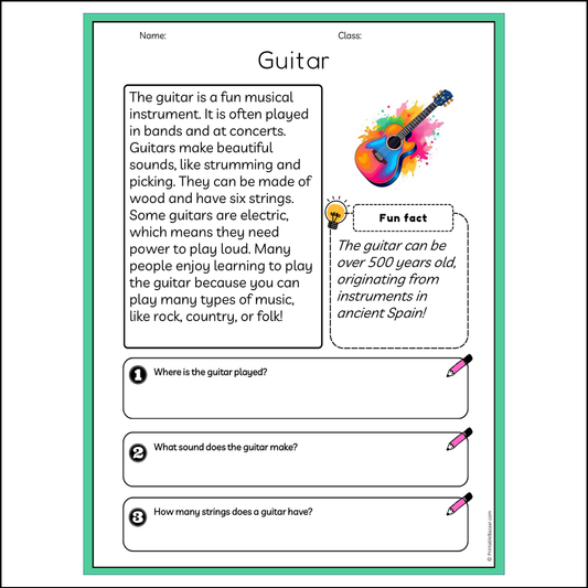 Guitar | Reading Passage Comprehension Questions Writing Facts Worksheet