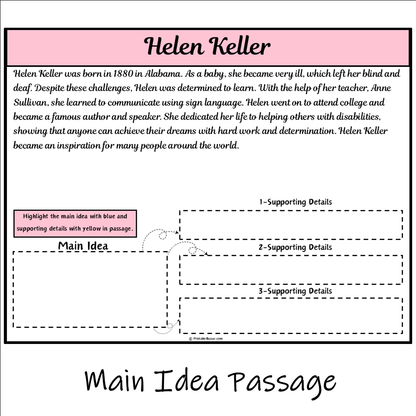 Helen Keller | Main Idea and Supporting Details Reading Passage and Questions