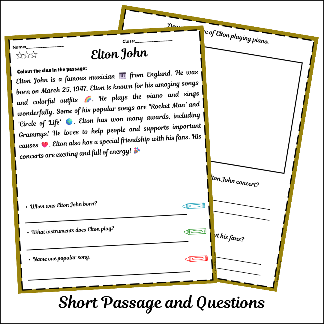 Elton John | Short Reading Comprehension Creative Worksheet