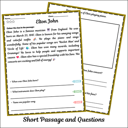 Elton John | Short Reading Comprehension Creative Worksheet