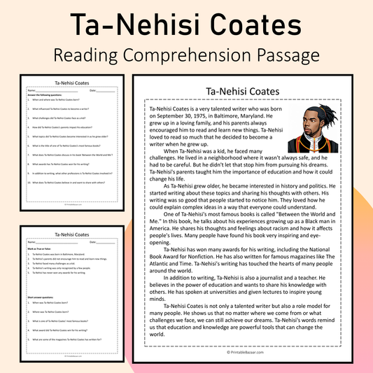 Ta-Nehisi Coates | Reading Comprehension Passage Printable Activity