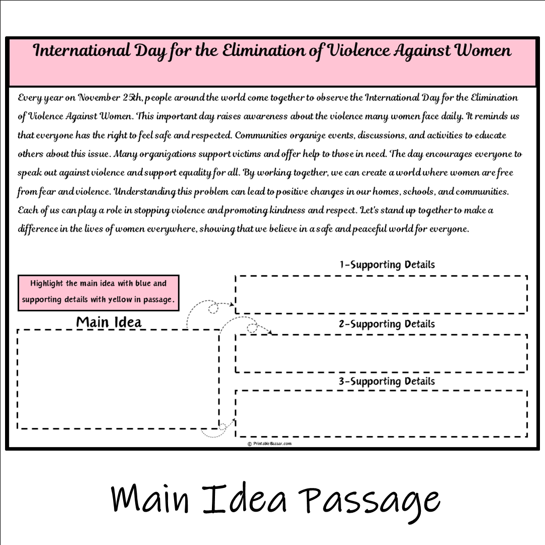 International Day for the Elimination of Violence Against Women | Main Idea and Supporting Details Reading Passage and Questions