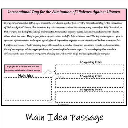 International Day for the Elimination of Violence Against Women | Main Idea and Supporting Details Reading Passage and Questions