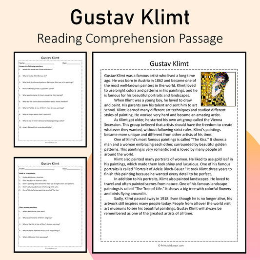 Gustav Klimt | Reading Comprehension Passage Printable Activity