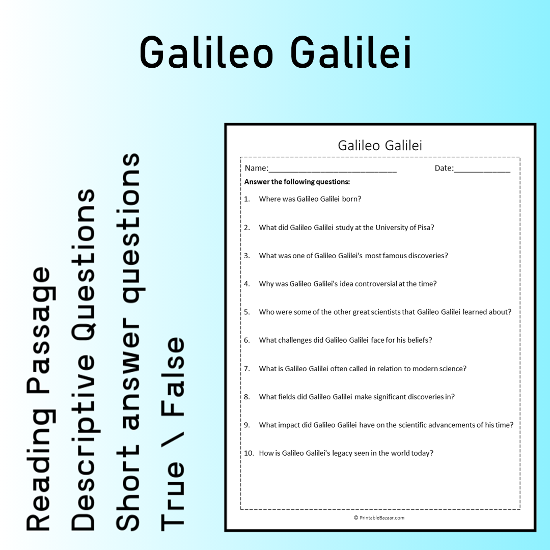 Galileo Galilei | Reading Comprehension Passage Printable Worksheet