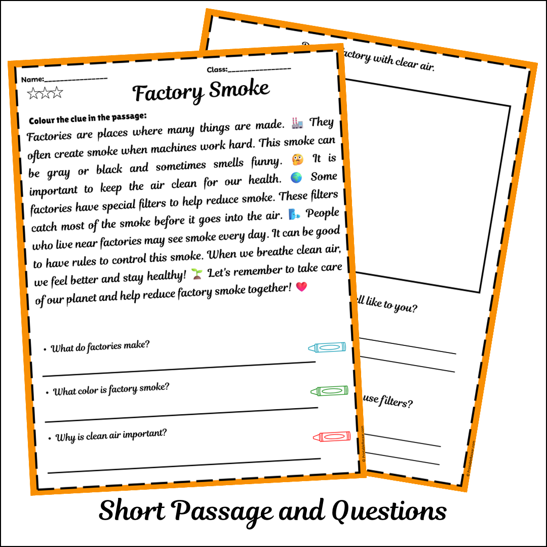 Factory Smoke | Short Reading Comprehension Creative Worksheet