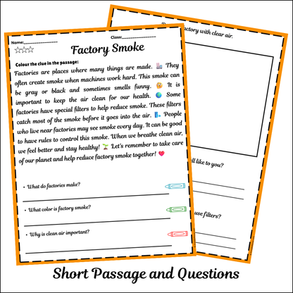 Factory Smoke | Short Reading Comprehension Creative Worksheet