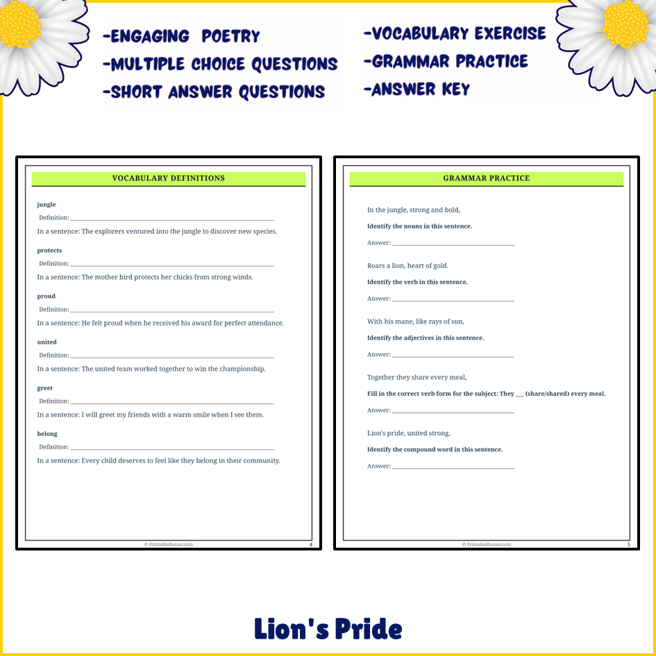 Lion's Pride | Poem Grammar Worksheet Printable Activity