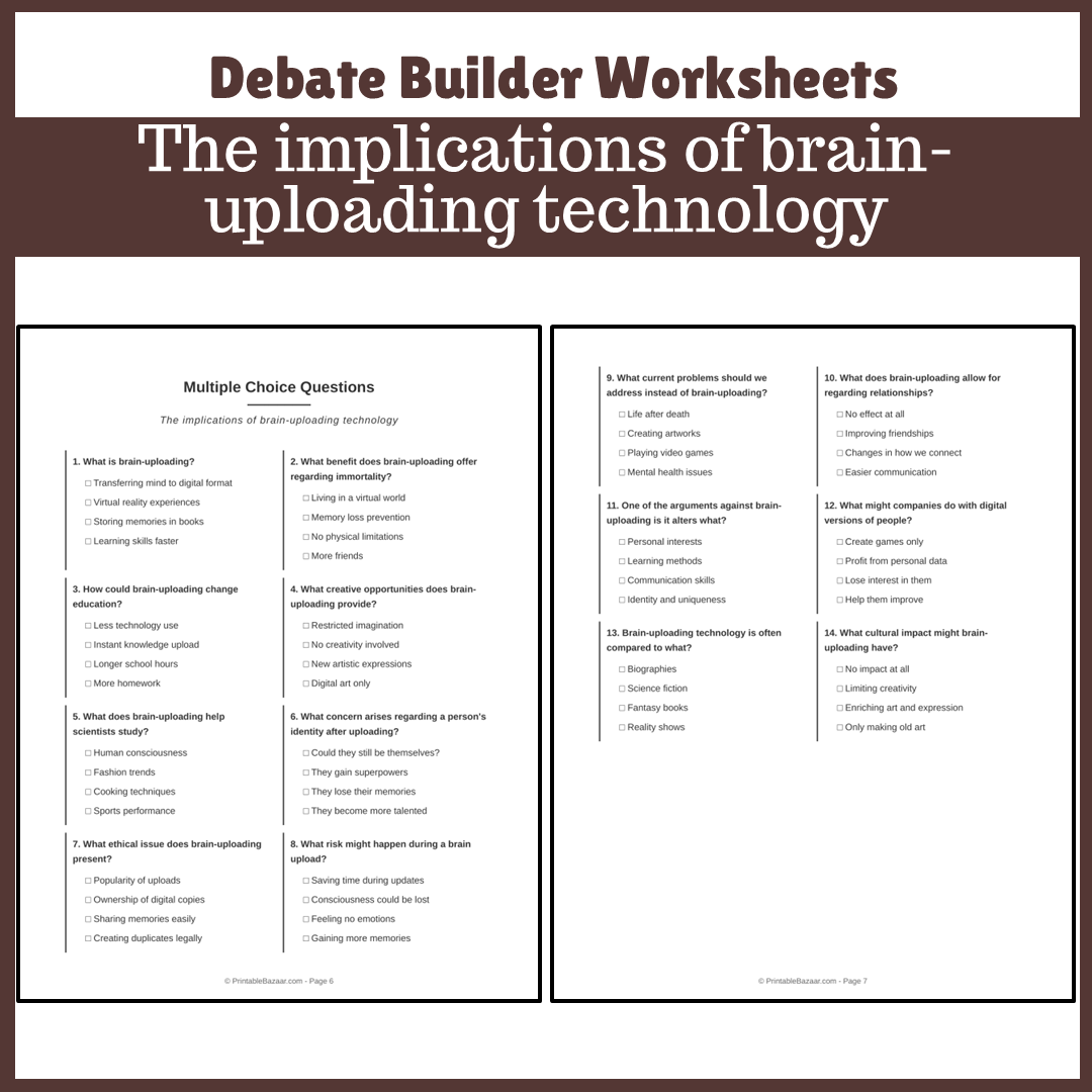 The implications of brain-uploading technology | Favour and Against Worksheet Printable Activity