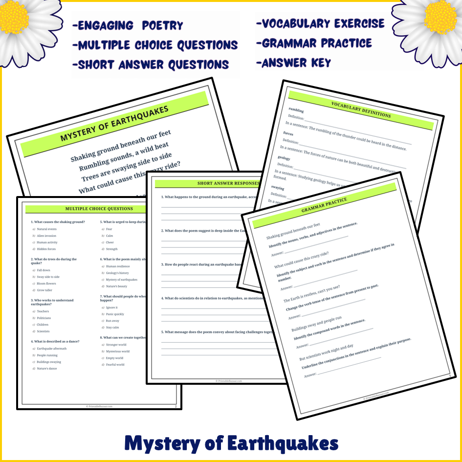 Mystery of Earthquakes | Poem Grammar Worksheet Printable Activity