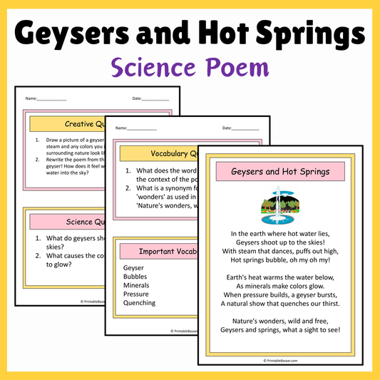 Geysers and Hot Springs | Science Poem Reading Comprehension Activity