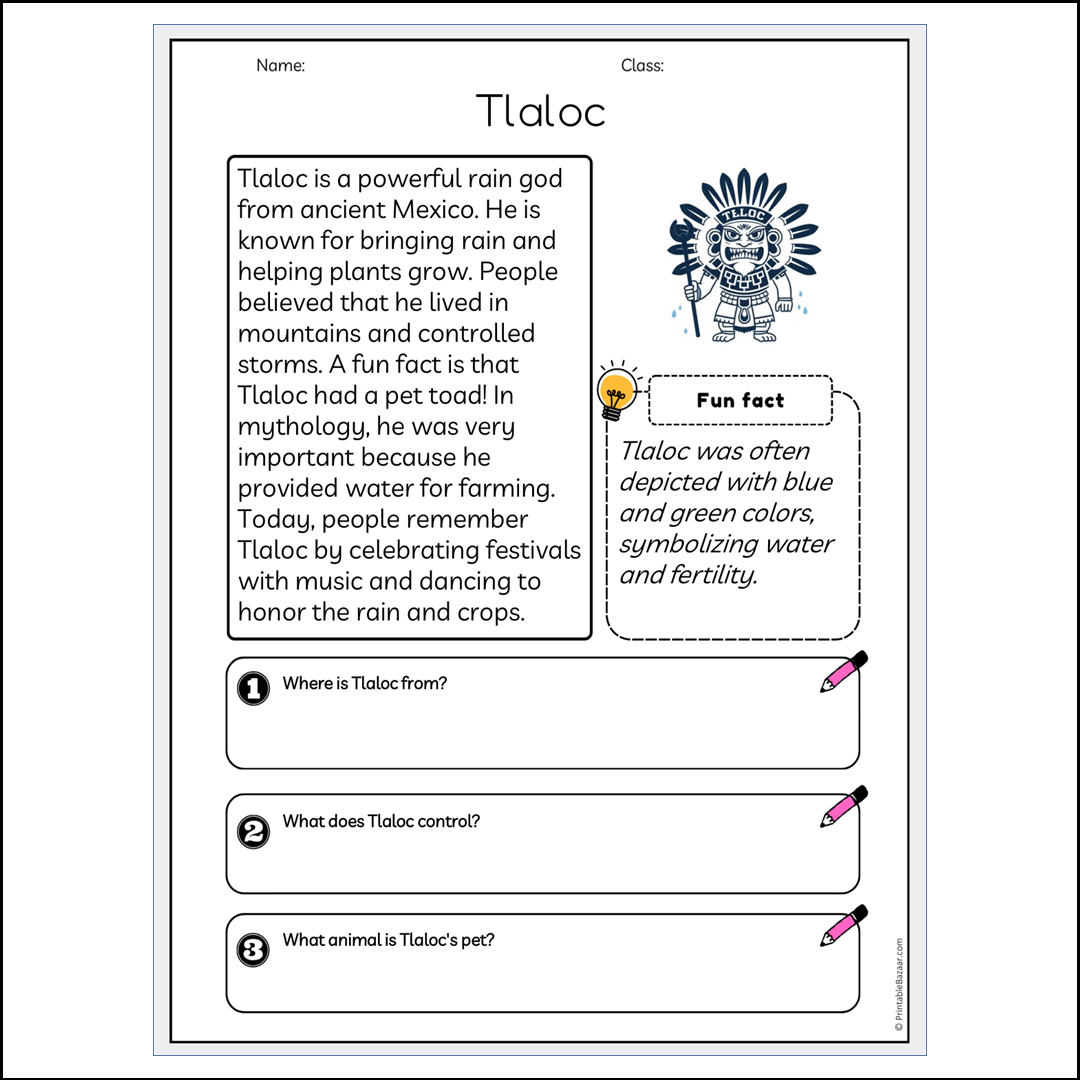 Tlaloc | Reading Passage Comprehension Questions Writing Facts Worksheet