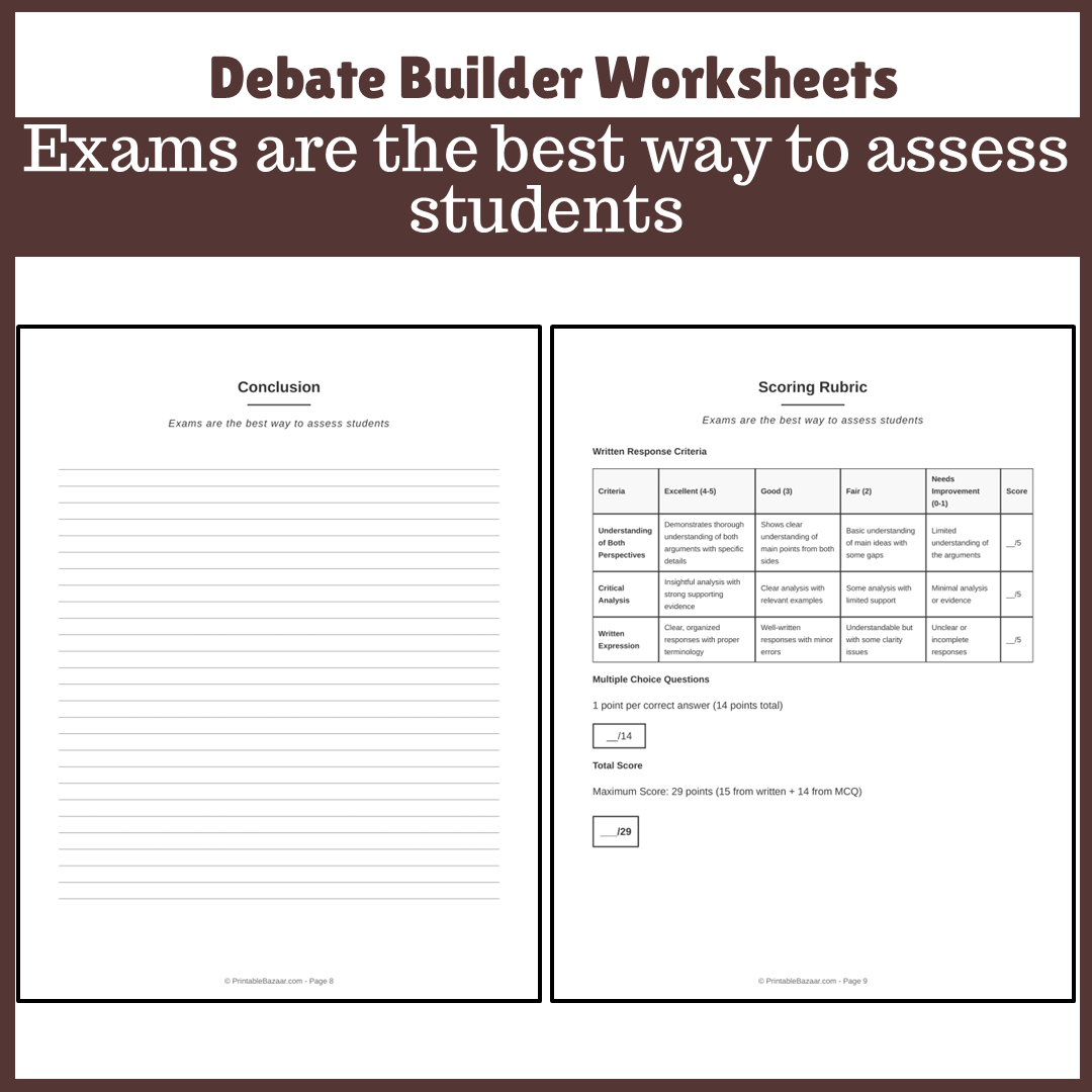 Exams are the best way to assess students | Favour and Against Worksheet Printable Activity