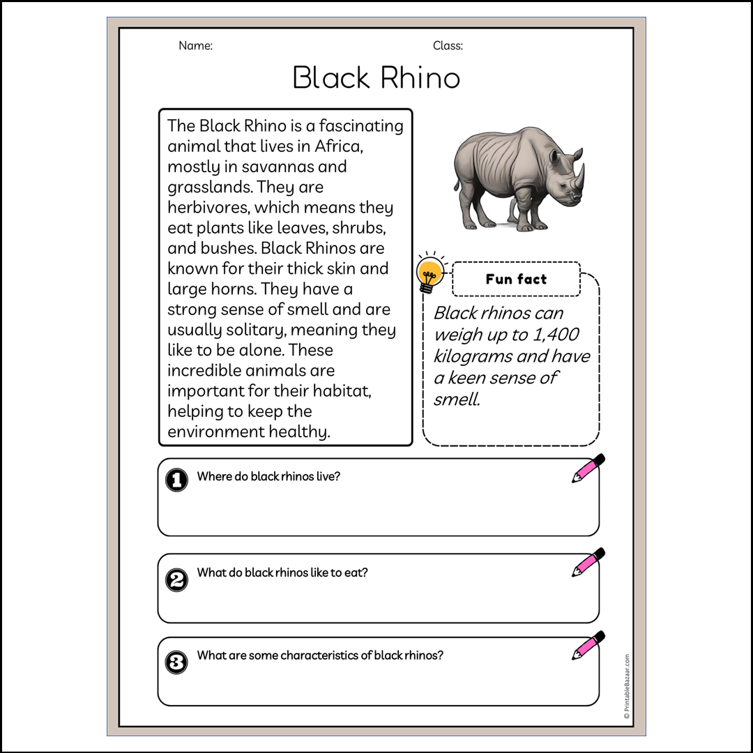 Black Rhino | Reading Passage Comprehension Questions Writing Facts Worksheet