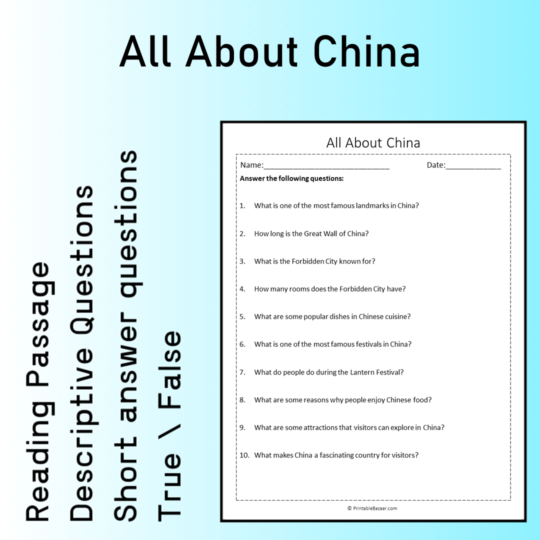 All About China | Reading Comprehension Passage Printable Worksheet