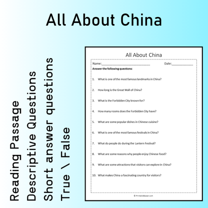 All About China | Reading Comprehension Passage Printable Worksheet