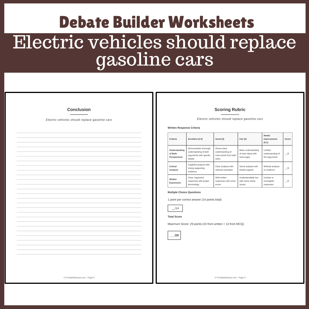 Electric vehicles should replace gasoline cars | Favour and Against Worksheet Printable Activity