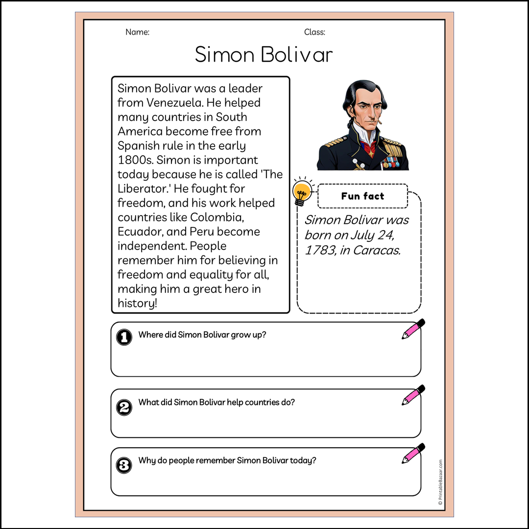 Simon Bolivar | Reading Passage Comprehension Questions Writing Facts Worksheet