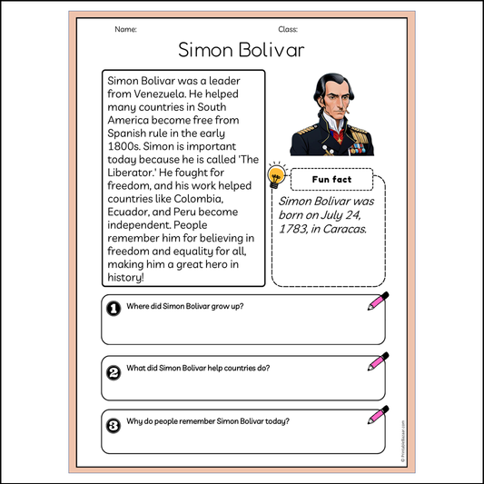 Simon Bolivar | Reading Passage Comprehension Questions Writing Facts Worksheet