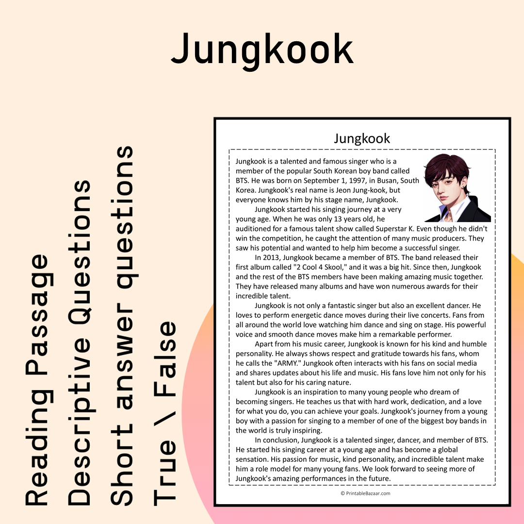 Jungkook | Reading Comprehension Passage Printable Activity
