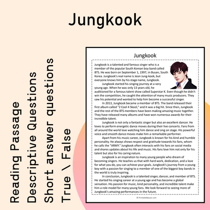 Jungkook | Reading Comprehension Passage Printable Activity