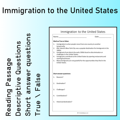 Immigration to the United States | Reading Comprehension Passage Printable Worksheet