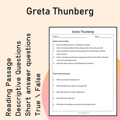 Greta Thunberg | Reading Comprehension Passage Printable Activity