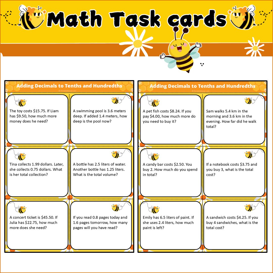 Adding Decimals to Tenths and Hundredths | Math Task Cards