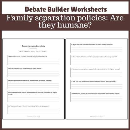 Family separation policies: Are they humane? | Favour and Against Worksheet Printable Activity