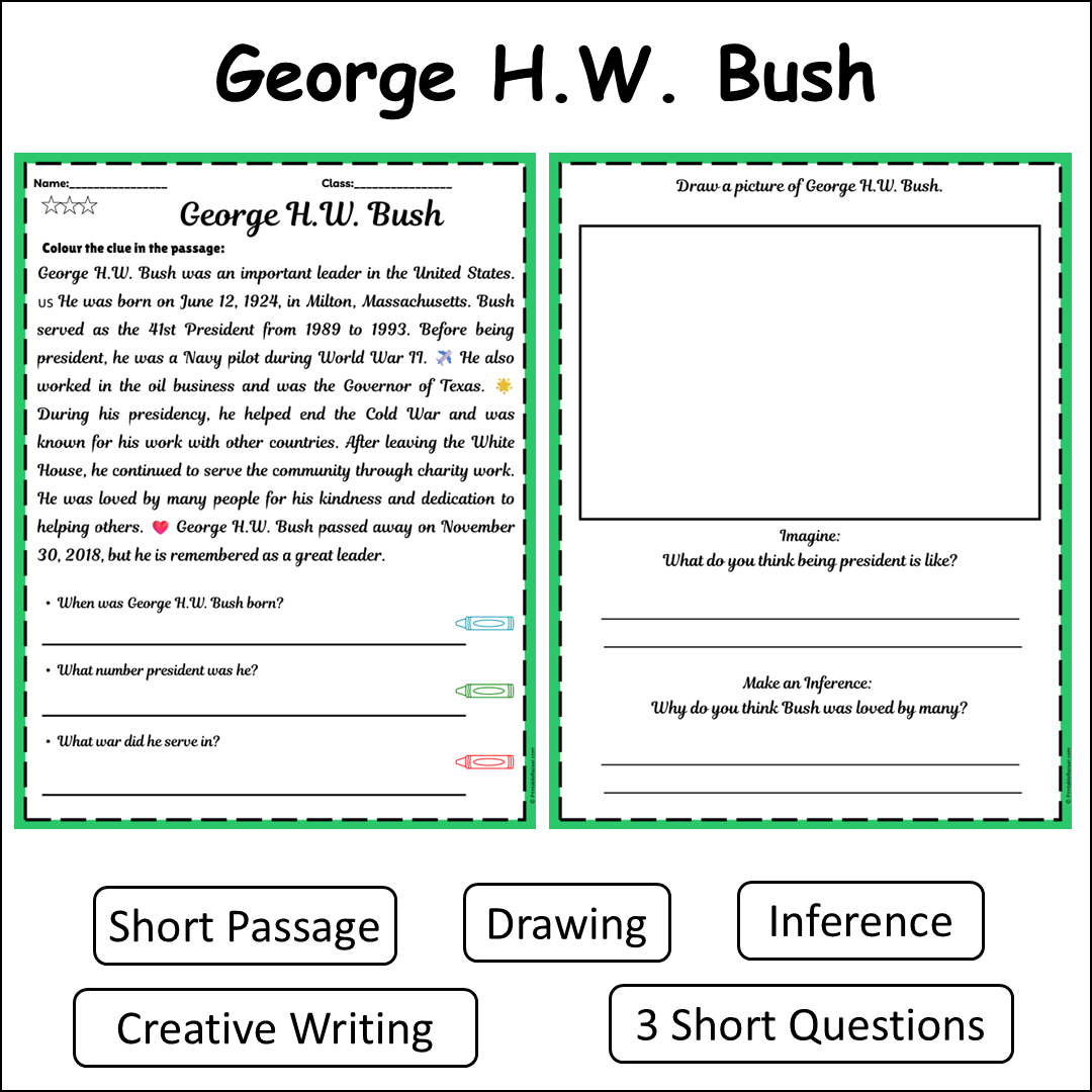 George H.W. Bush | Short Reading Comprehension Creative Worksheet