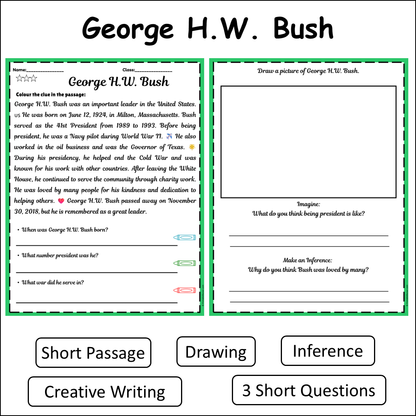 George H.W. Bush | Short Reading Comprehension Creative Worksheet
