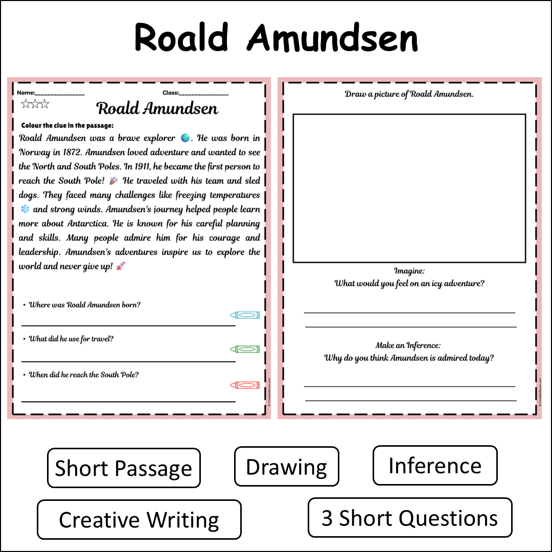 Roald Amundsen | Short Reading Comprehension Creative Worksheet