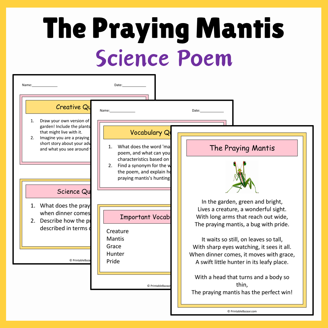 The Praying Mantis | Science Poem Reading Comprehension Activity