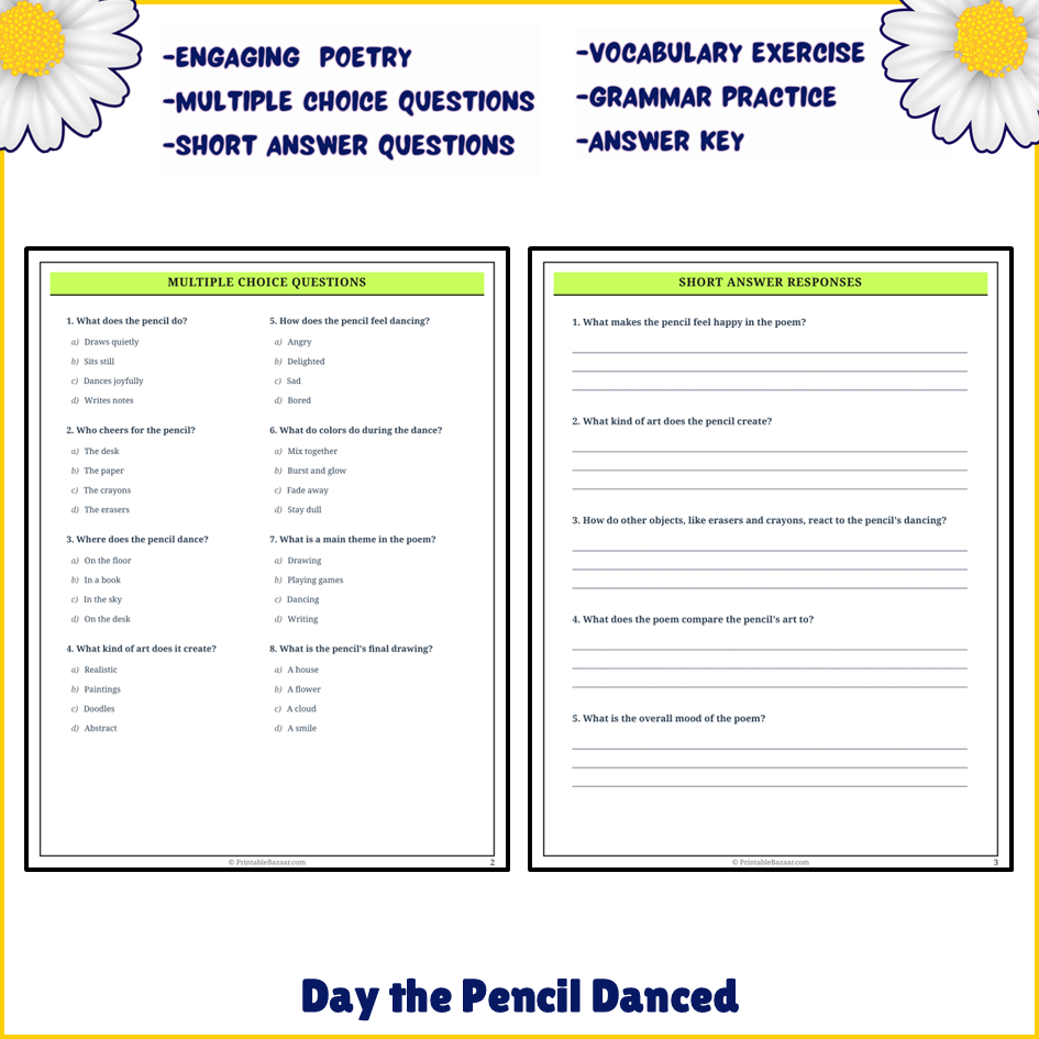Day the Pencil Danced | Poem Grammar Worksheet Printable Activity