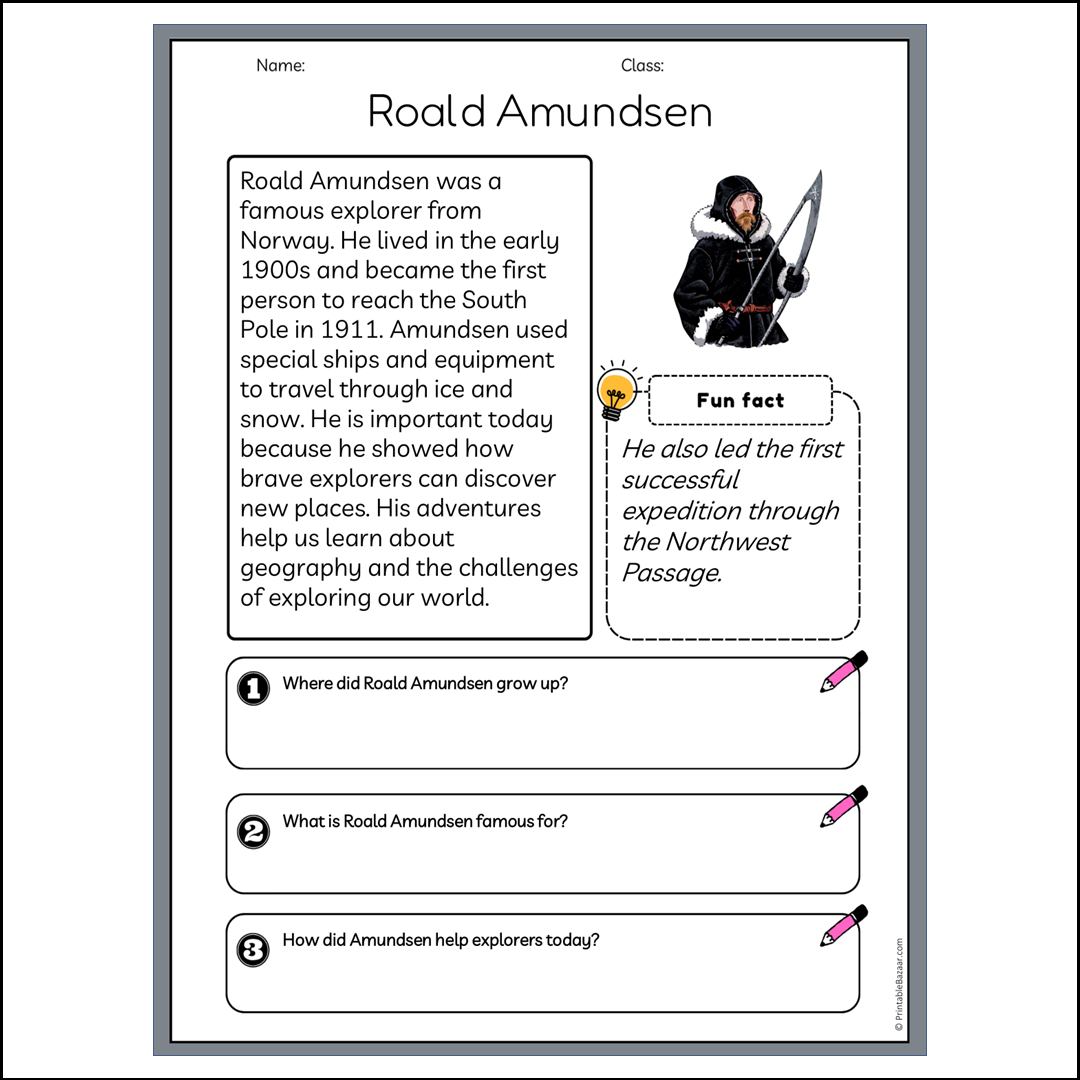 Roald Amundsen | Reading Passage Comprehension Questions Writing Facts Worksheet