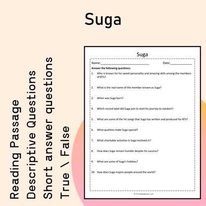 Suga | Reading Comprehension Passage Printable Activity