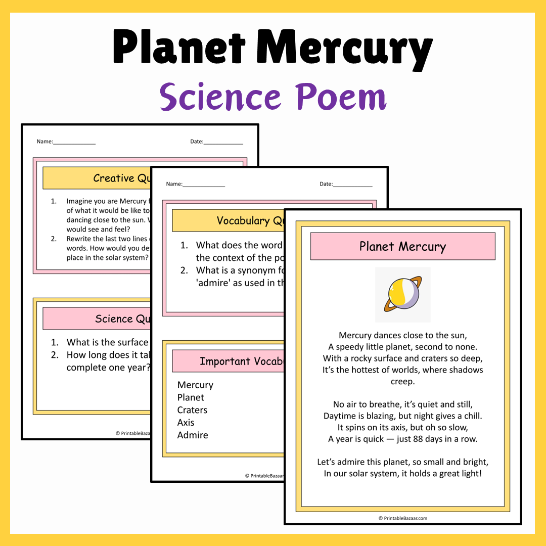 Planet Mercury | Science Poem Reading Comprehension Activity