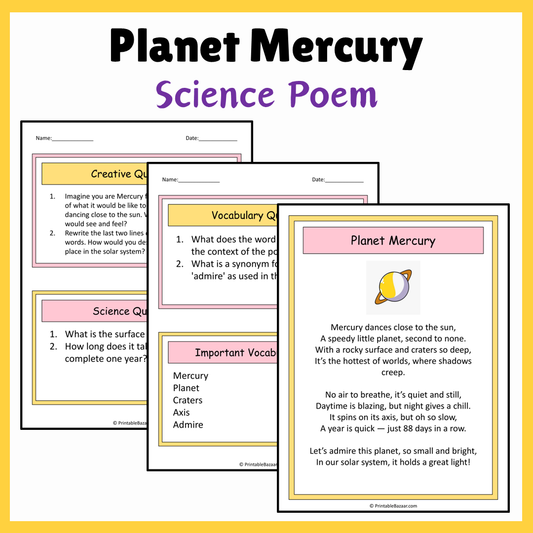 Planet Mercury | Science Poem Reading Comprehension Activity